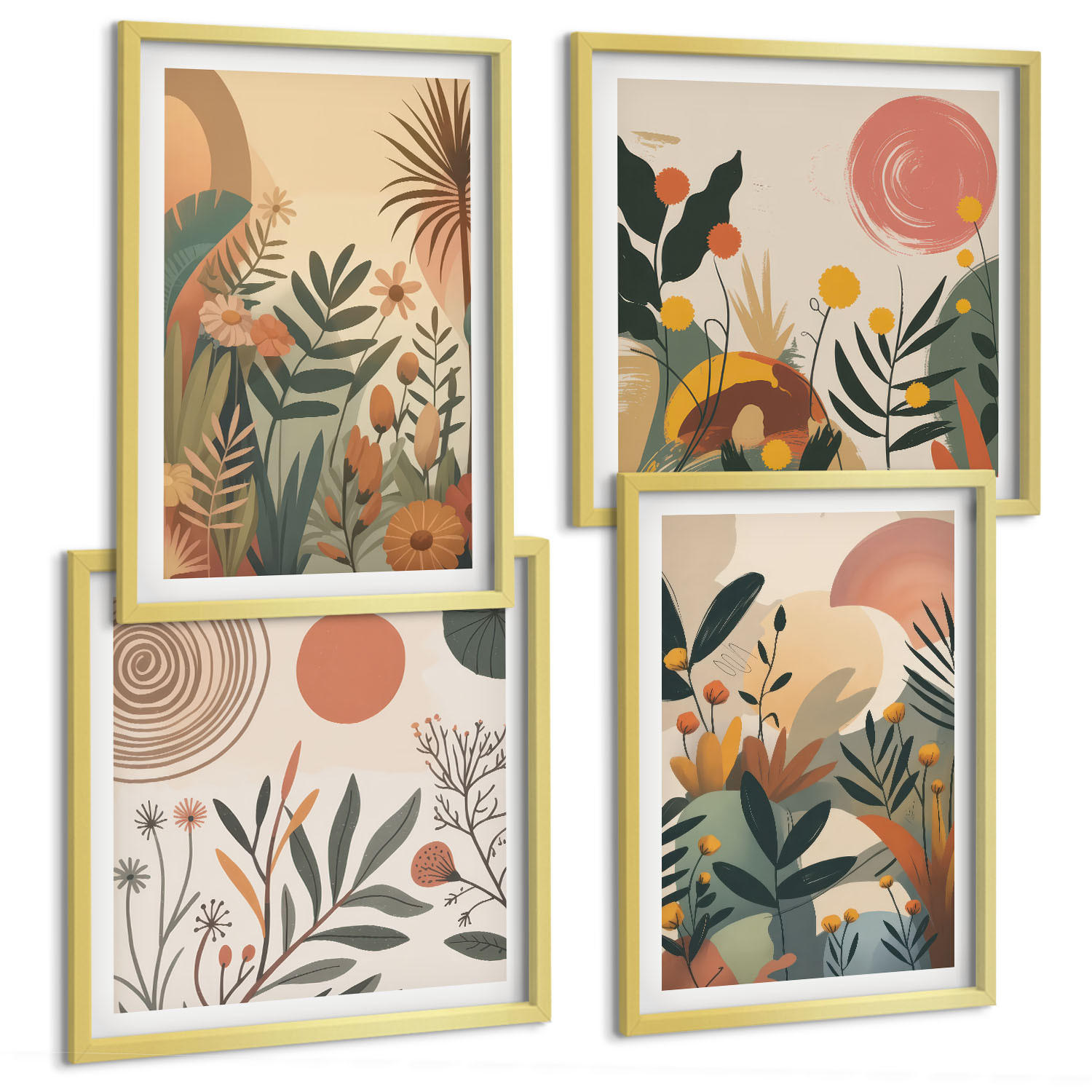 BILDER SET 4er Set - 50x50 cm & 40x60 cm Goldrahmen - Pflanzenmotive in Farben - Goldfarben, Kunststoff (50/50cm) - TULUP