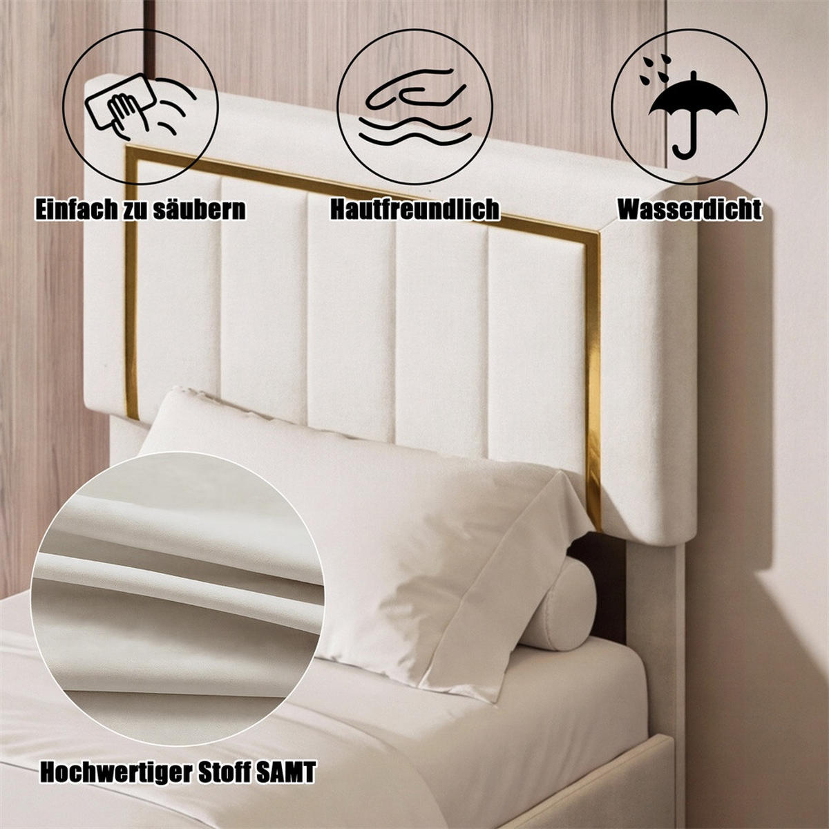 POLSTERBETT 90x200 cm mit hydraulischem Stauraum und Steppmuster im Glamour-Stil - ohne Matratze - Off-White - Creme, Textil (90/200cm) - DELFA