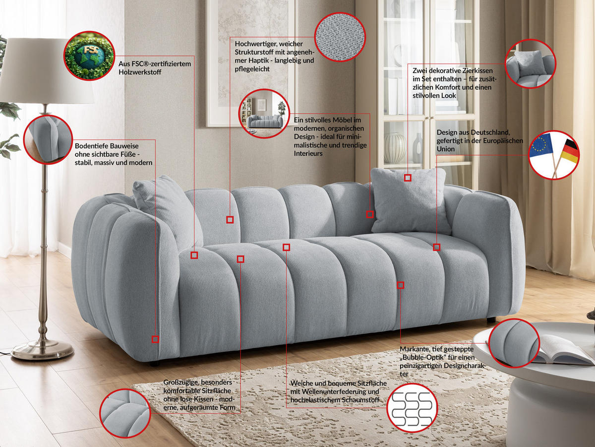 3-SITZER SOFA Nubira in tief gesteppter Bubble-Optik aus weichem Grau Strukturstoff im modernen Design - Schwarz/Grau, Holz/Kunststoff (228/69/89cm) - S-Style Möbel