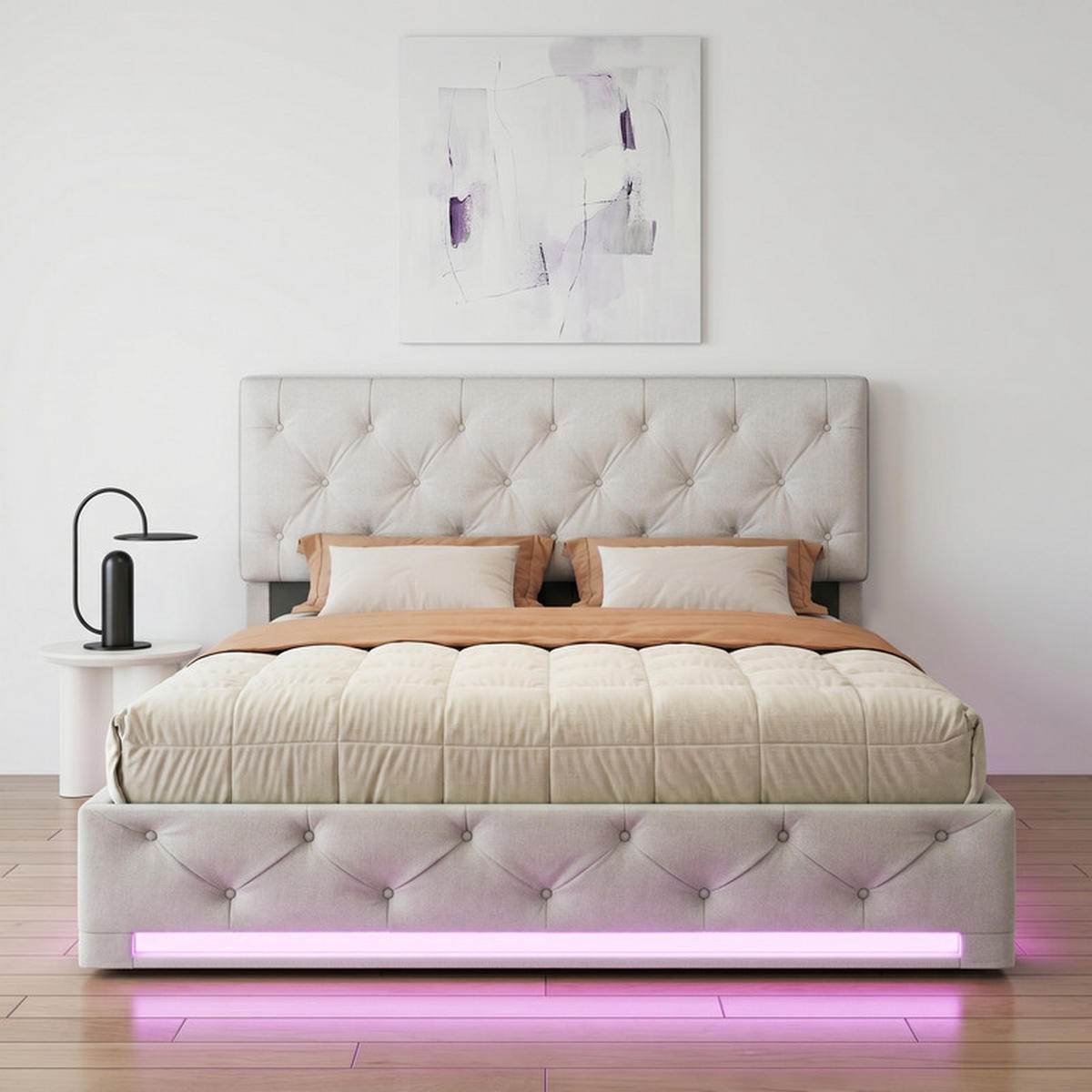 KLÄDD säng 140/200 cm beige med förvaringsutrymme och LED-belysning - Cremefärgad, Trä - SHOPENTRA
