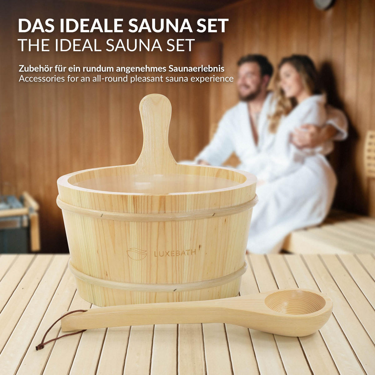 SADA SAUNOVÉHO PŘÍSLUŠENSTVÍ z borového dřeva s nádobou na nalévání vody a naběračkou - přírodní, dřevo (27/26/27cm) - LuxeBath