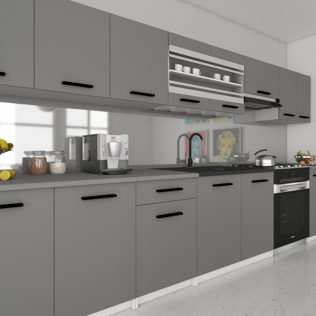 KÜCHENZEILE Italia 3 320 cm, mit Arbeitsplatten, Grau - Grau, Holz (320/143/60cm) - B BELINI GROUP