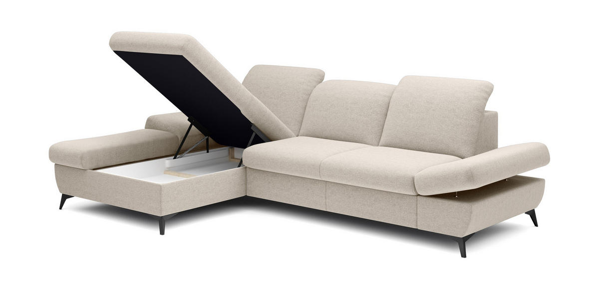 ECKSOFA FELICE L-S Creme Geflochtener Stoff mit Schlaffunktion - Creme, Holz (284/166cm) - MASSENO