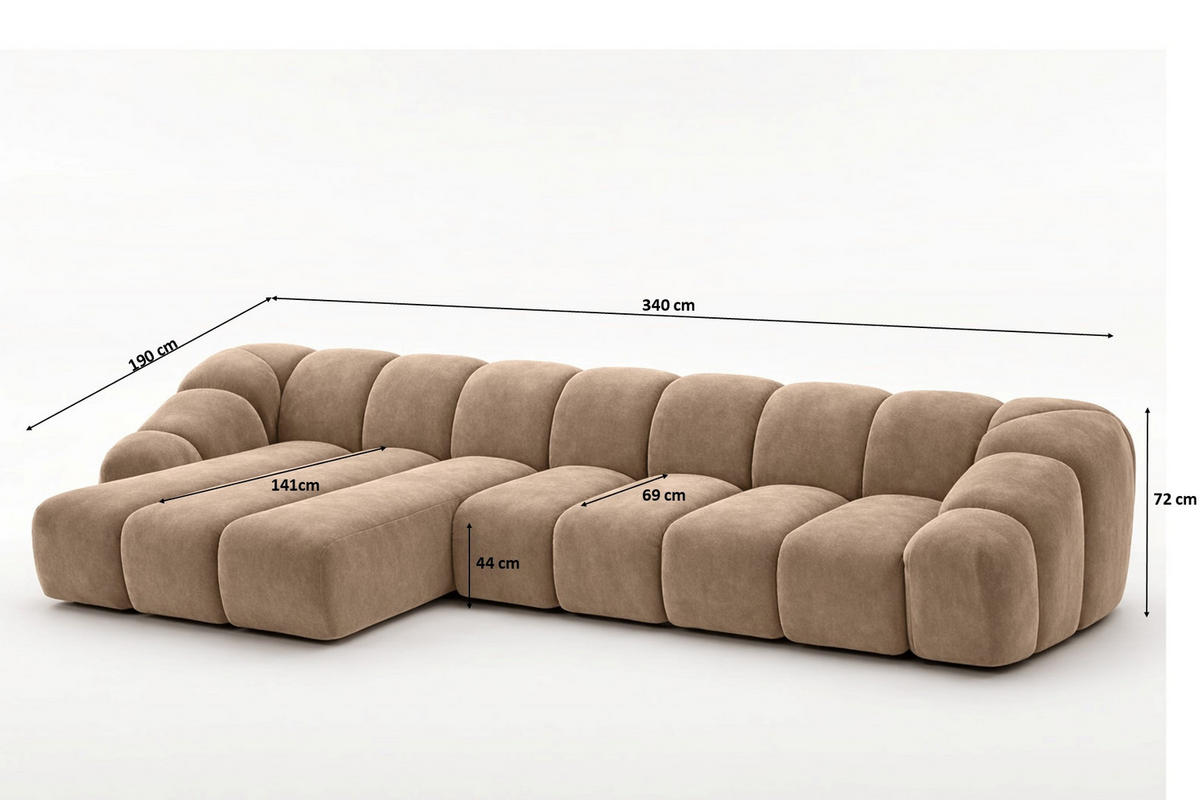 ECKSOFA Modulare L-Form, Veloursstoff Bluvel, Latte, Links, CROISSANT XL - Hellbraun, Holz (340/190cm) - Kaiser Möbel