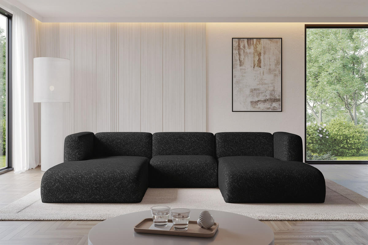 WOHNLANDSCHAFT MIRA-U1 317x179x70 Schwarz Velours - Schwarz, Holzwerkstoff/Kunststoff (317/70/179cm) - ALTDECOR