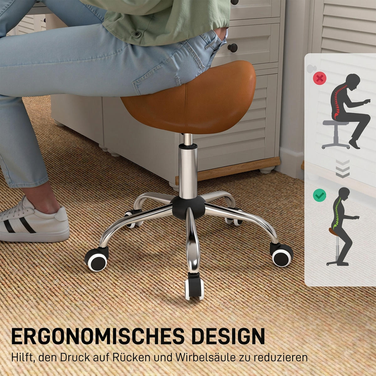 ARBEITSHOCKER Drehstuhl Drehhocker Rollhocker Sattelhocker Hocker Braun - Chromfarben/Braun, Kunststoff/Metall (52/61/53cm) - HOMCOM