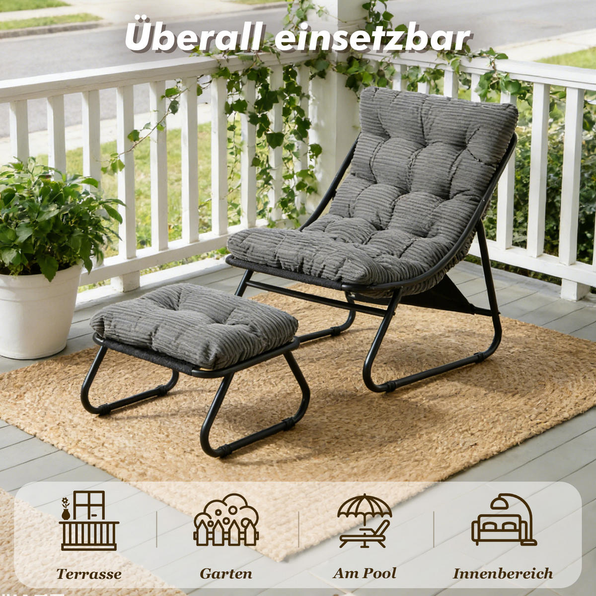 SESSELSET, Relaxsessel mit Hocker,Stahlrahmen,Cord,Grau - Dunkelgrau, Metall (78/86/65cm) - LVHOM