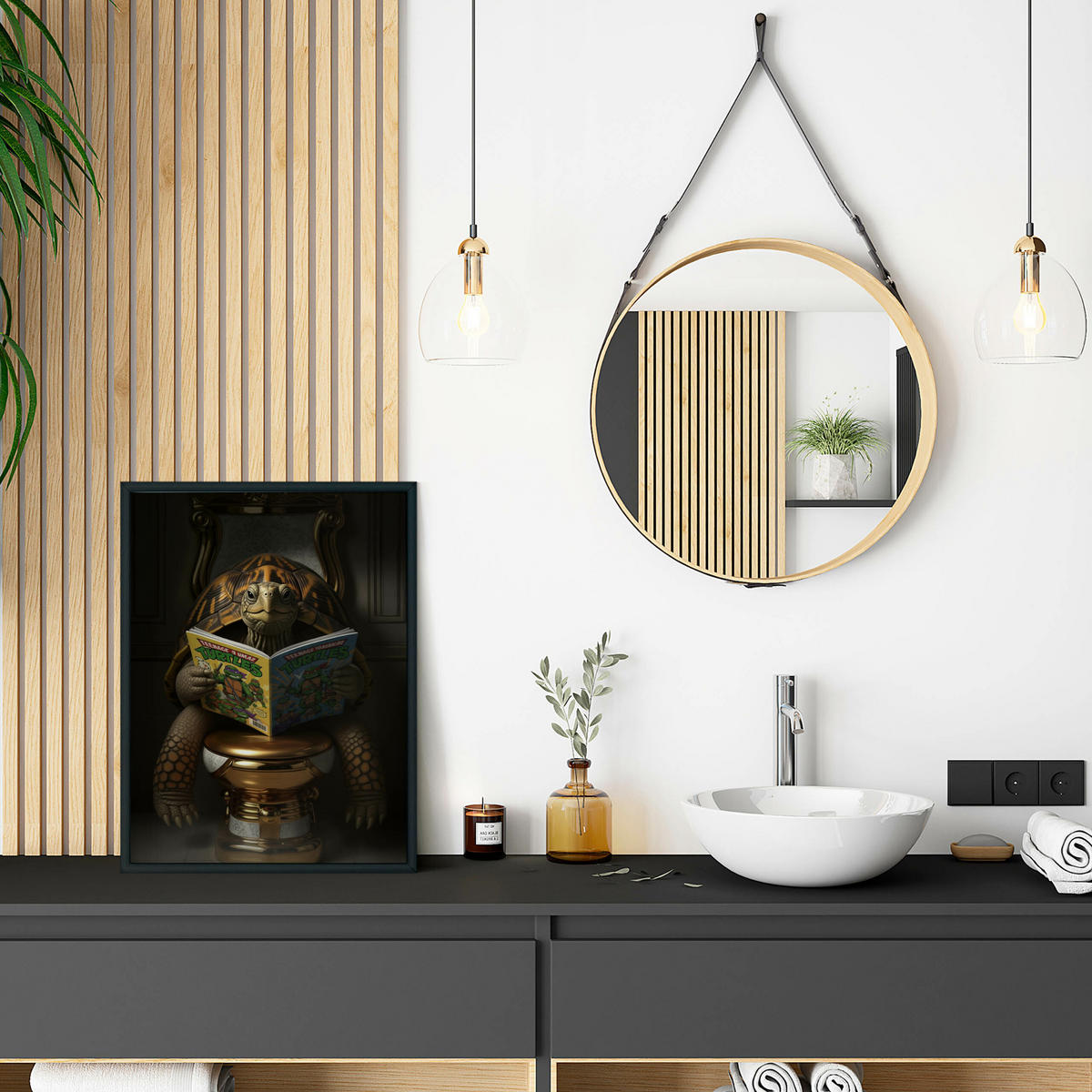 POSTER für Badezimmer WC SCHILDKRÖTE mit Comicbuch auf Toilette Abstraktion 50x70cm - Gelb/Orange, Papier (50/70/70cm) - Muralo