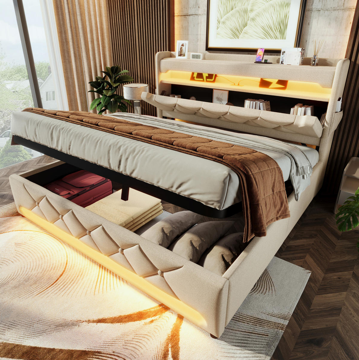 POLSTERBETT 160/200 cm Beige mit USB- und Type-C-Anschlüssen und 360-Grad-LED-Beleuchtung Mit Matratze - Beige, Textil (160/200cm) - OKWISH