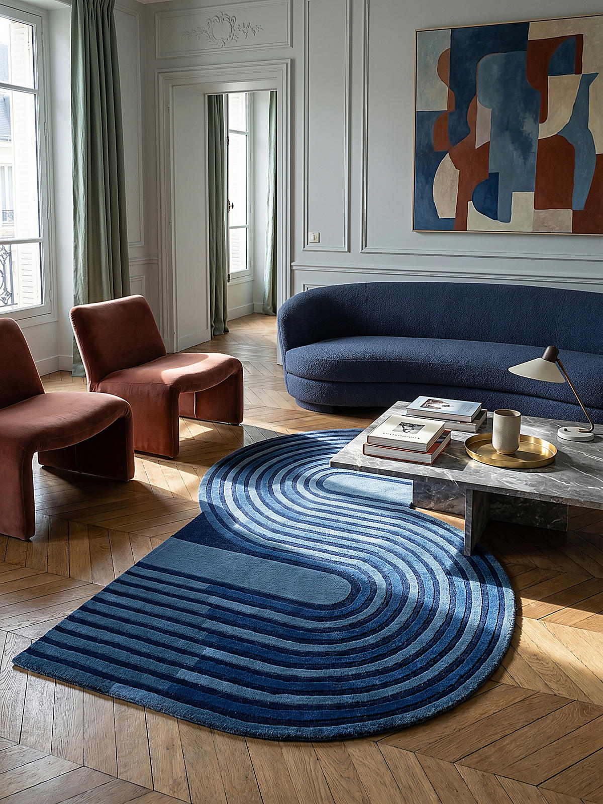 TEPPICH handgetuftet aus Wolle mit geometrischem S-förmigem Design und Hoch-Niedrig Flor Blau Shaped 150x240 - Blau, Textil (240/150cm) - KADIMA DESIGN