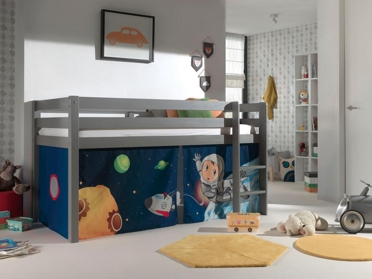 KINDERBETT Karolina 210x114x106 Massivholz Grau Textilset Spaceman - Pastellblau/Grau, Holz (90/200cm) - 58aufmkessel