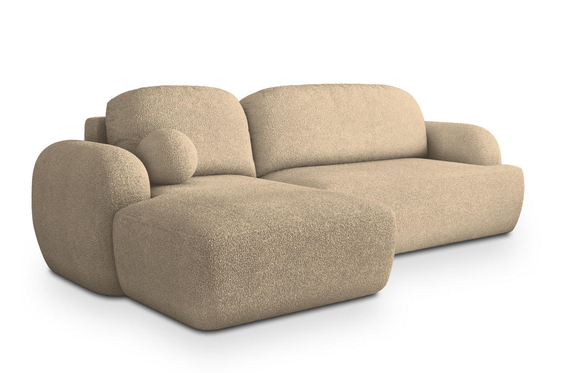 ECKSOFA MODENZA N L-S Creme Boucle-Stoff mit Schlaffunktion - Creme, Holz (266/148cm) - MASSENO