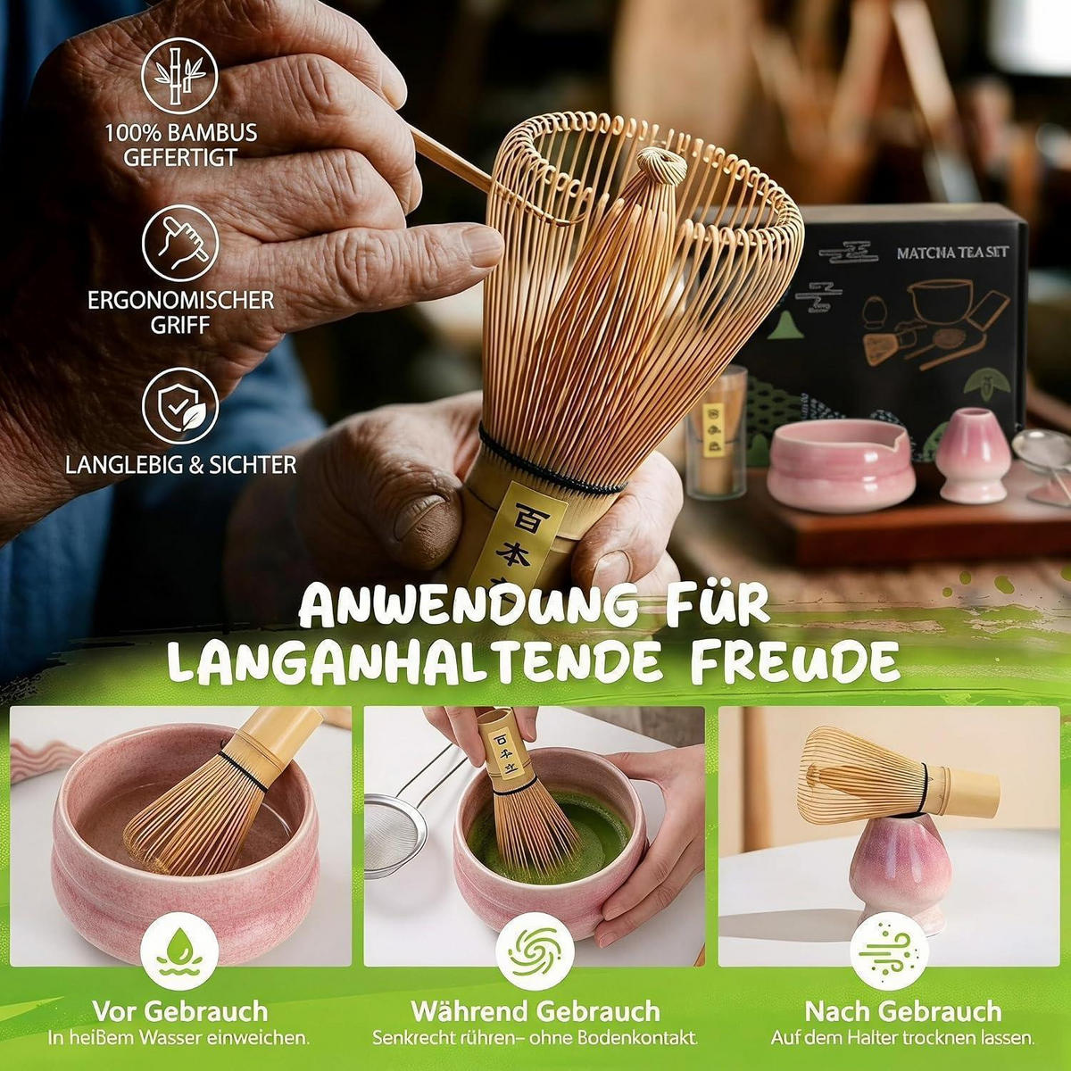 MATCHA Set 8-teilig Keramikschale Bambusbesen Halter Löffel Sieb Tuch Lila Farbverlauf - Lila, Keramik (16/10.8/20.5cm)