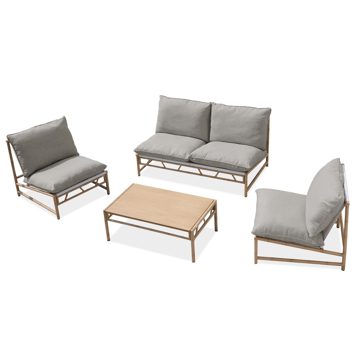 GARTENSET Kairo 2-Sitzer-Sofa, 2 Sessel und Tisch, Metallrahmen, von Bambus inspiriertes, Grau+Beige - Beige/Grau, Metall - Beautysofa