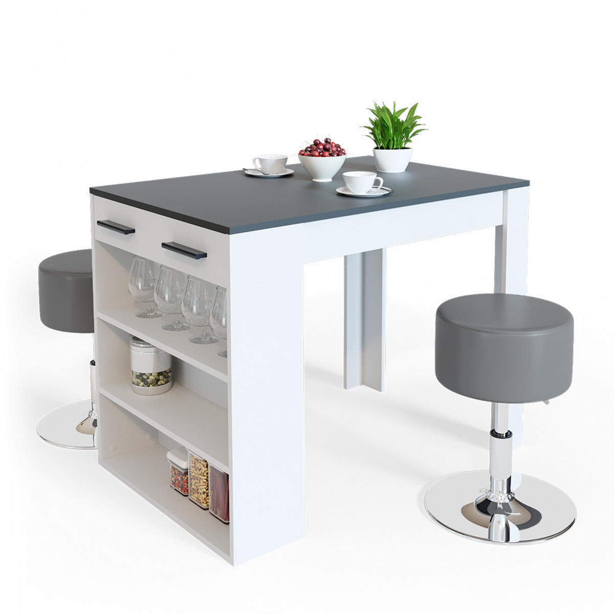 ESSTISCH-SET Repose Anthrazit/Weiß 67 x 100 cm mit 2 Hockern - Anthrazit/Weiß, Holzwerkstoff (67/77.5/100cm) - Vicco
