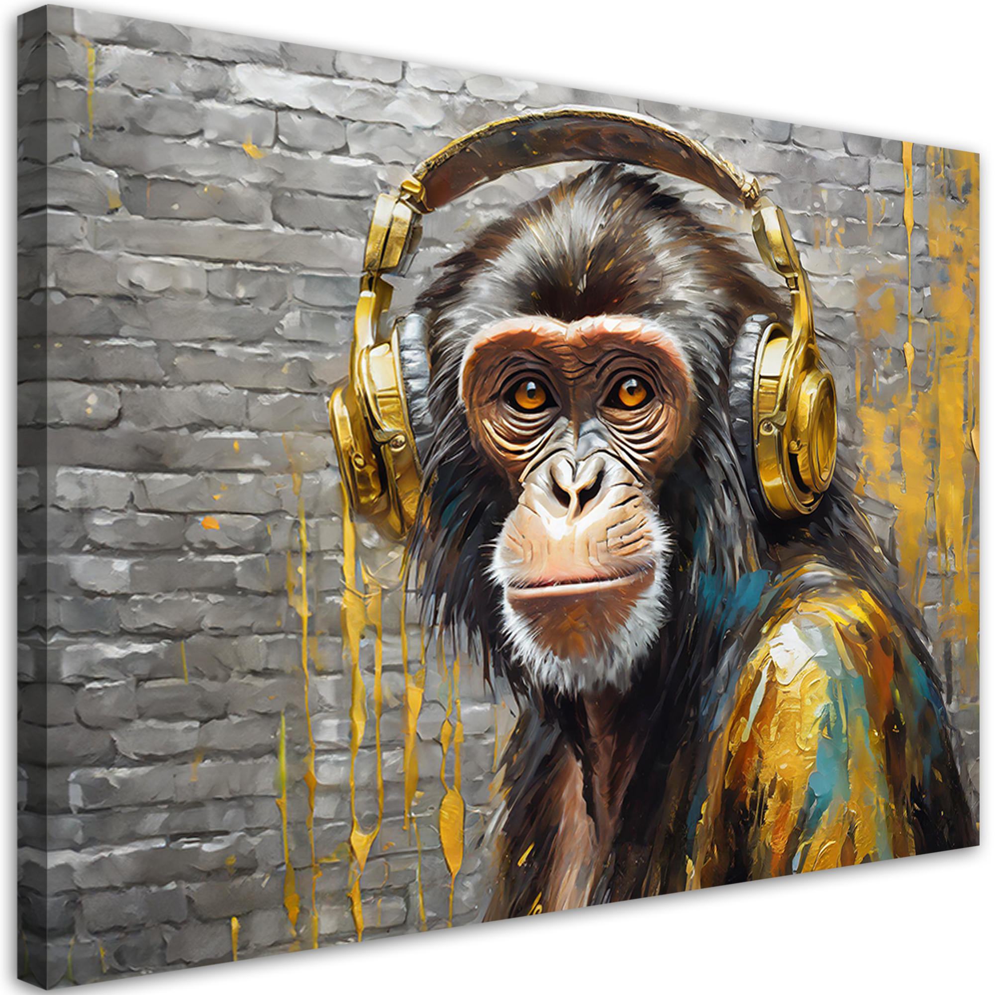 WANDBILD affe kopfhörer musik - Gelb, Textil (60/40cm) - Feeby