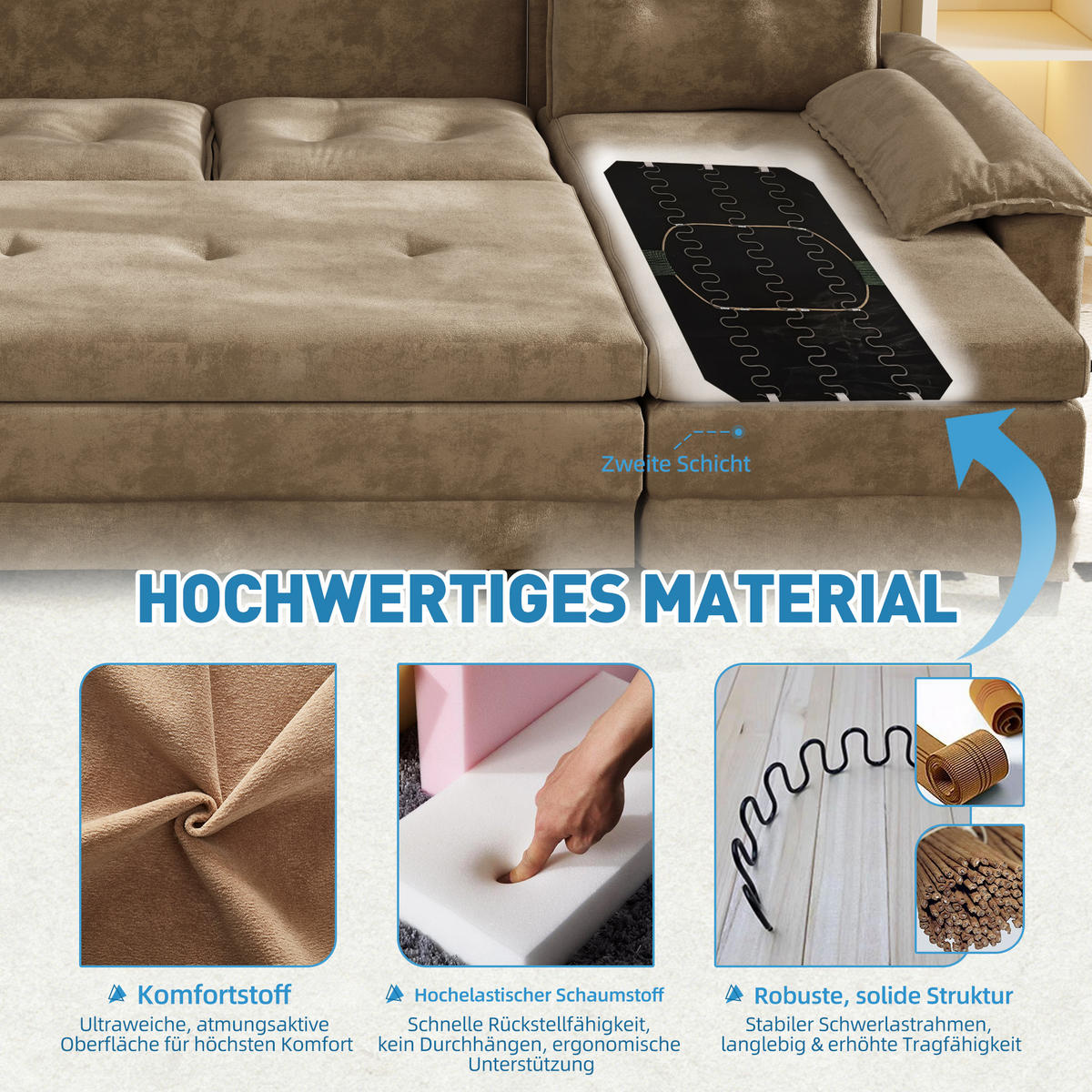 WOHNLANDSCHAFT Khaki 278/127/87 cm 4-Sitzer Modular mit USB-Ladefunktion - Sahara, Textil (278/87/127cm) - PANGIVO