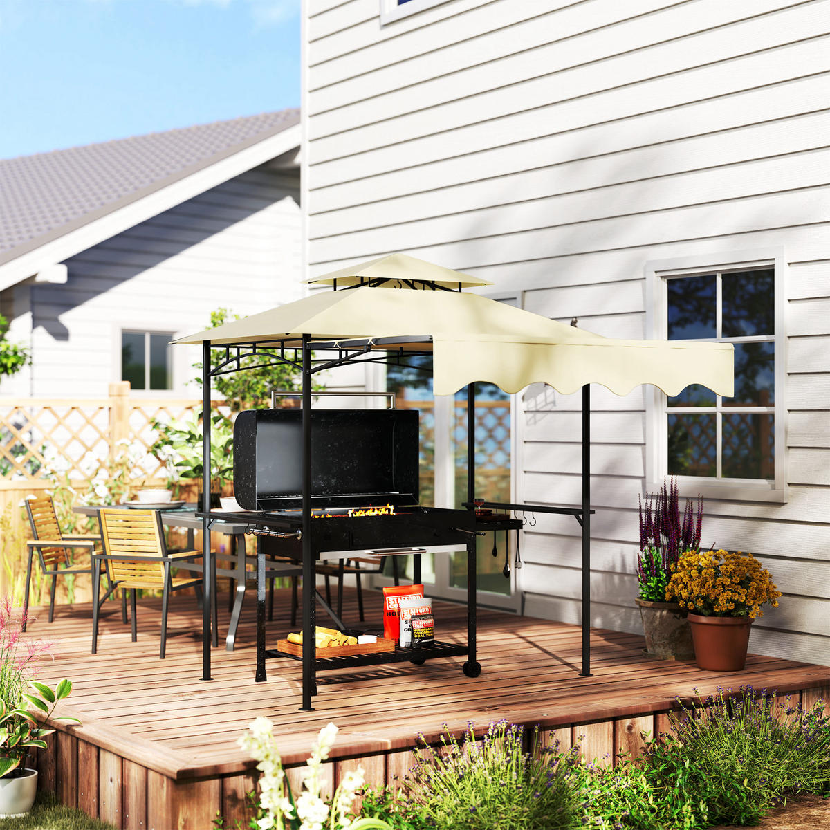 GRILLPAVILLON 242x232x248 cm wasserabweisend flammhemmend Gartenpavillon mit Doppelschichtdach Beige - Beige, Metall (242/248/232cm)