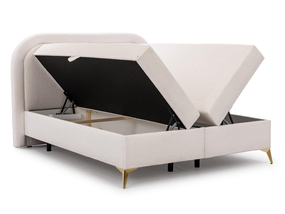 BOXBETT Sonna 140/200 cm Weiß Bouclé-Stoff mit abgerundetem Kopfteil und mit goldenen Metallfüßen - Goldfarben/Weiß, Holz/Textil (140/200cm) - S-Style Möbel