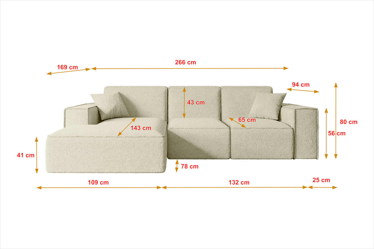 ECKSOFA Ottomane Rechts SERRA-L - 266x169x80 cm Beige Bouclé - Beige/Schwarz, Holzwerkstoff/Kunststoff (266/169cm) - ALTDECOR