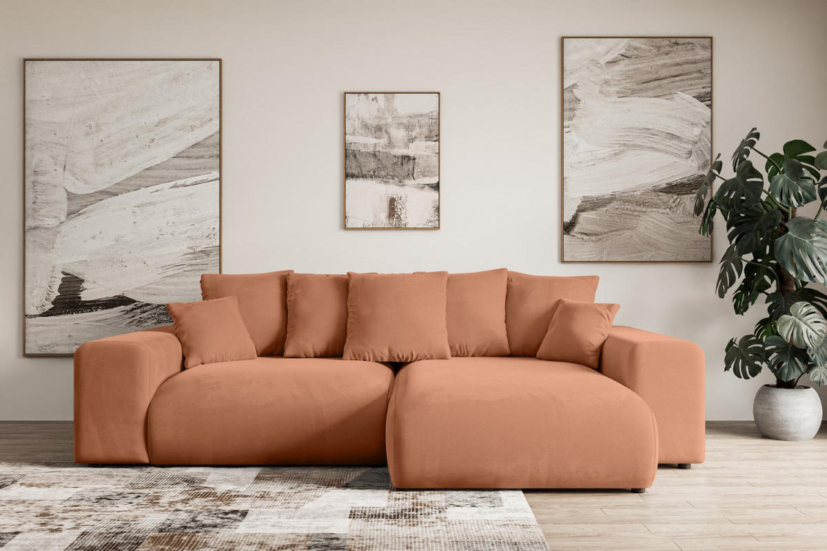 ECKSOFA Ottomane rechts ESKAR-L 266x176x84 Koralle Velours - Koralle/Schwarz, Holzwerkstoff/Kunststoff (176/266cm) - ALTDECOR