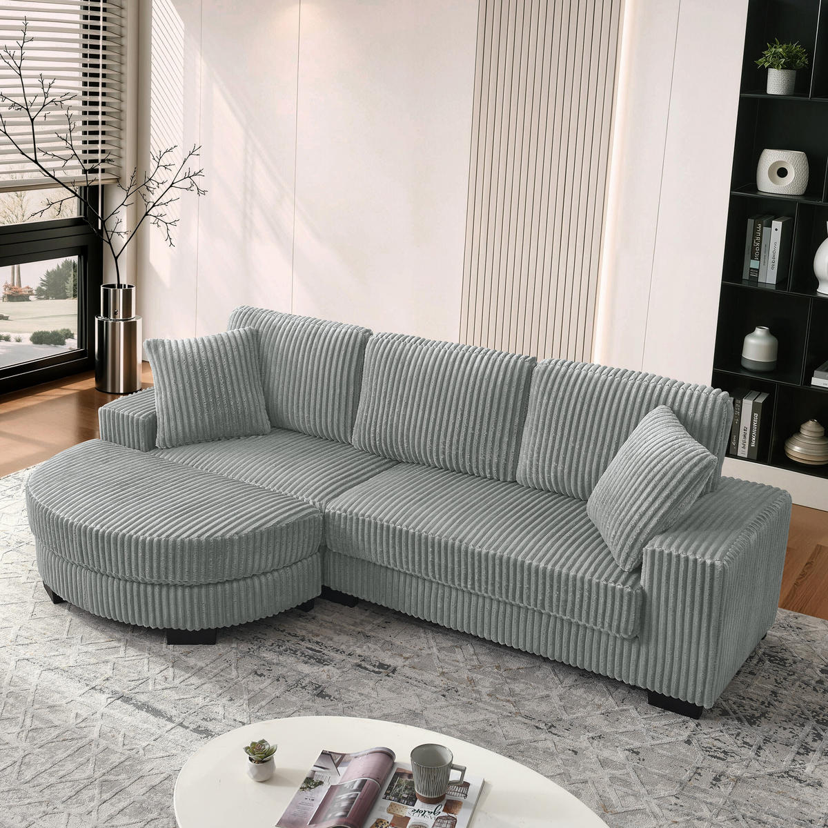 ECKSOFA DE-34626 modulares Design mit ovalem Hocker Grau - Grau, Metall (133.5/256.5cm) - ComfortXL