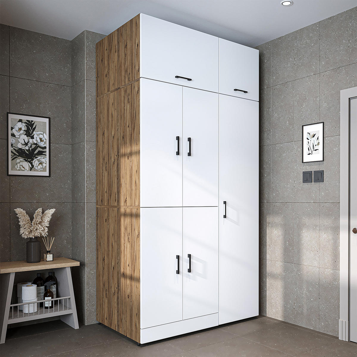WASCHMASCHINENSCHRANK DORA-I 115cm Breit, 230cm Hoch - Eiche Bianco, Holzwerkstoff (115/230/73.8cm)