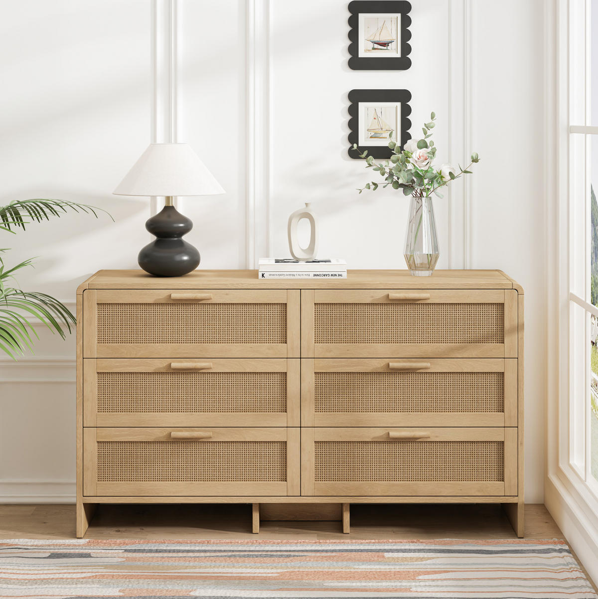 KOMMODE 130 cm in Natur mit 6 Schubladen und Rattanfronten - Naturfarben, Holzwerkstoff (130/74/40cm) - Flora Grace
