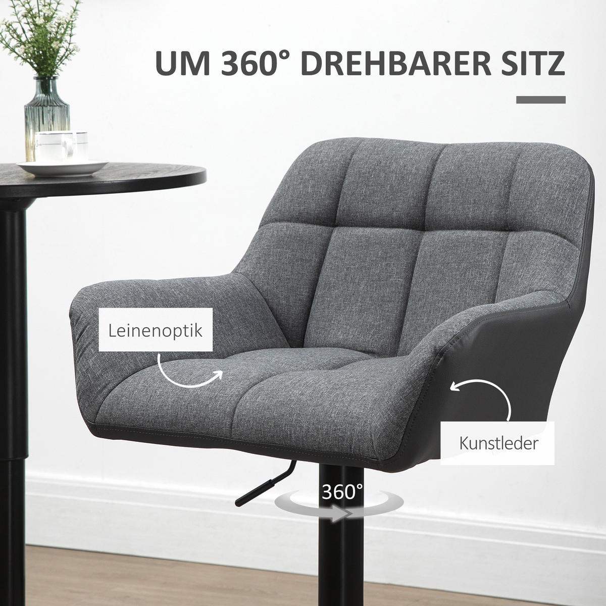 BARHOCKER 2-Set Tresenhocker Höhenverstellbar Drehbar im Retro-Design Kunstleder - Grau, Kunststoff (52.5/114/57.5cm) - HOMCOM