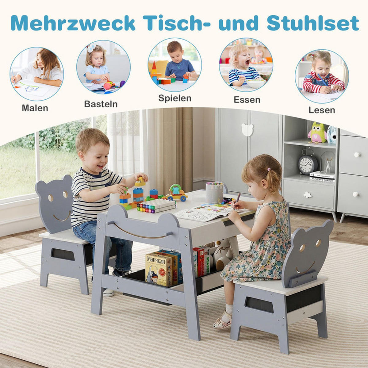 KINDERTISCH mit stuhl grau(3-tlg) - Grau, Holzwerkstoff (70/50/60.5cm) - COSTWAY