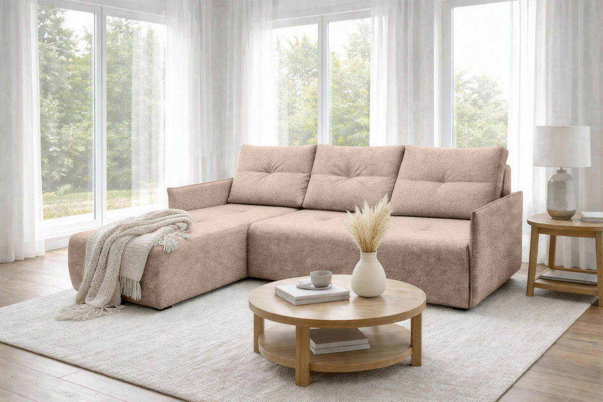 ECKSOFA L Form Damascus Creme 212/143/88 cm Links mit Schlaffunktion - Creme/Schwarz, Kunststoff/Textil (143/212cm) - AX Living