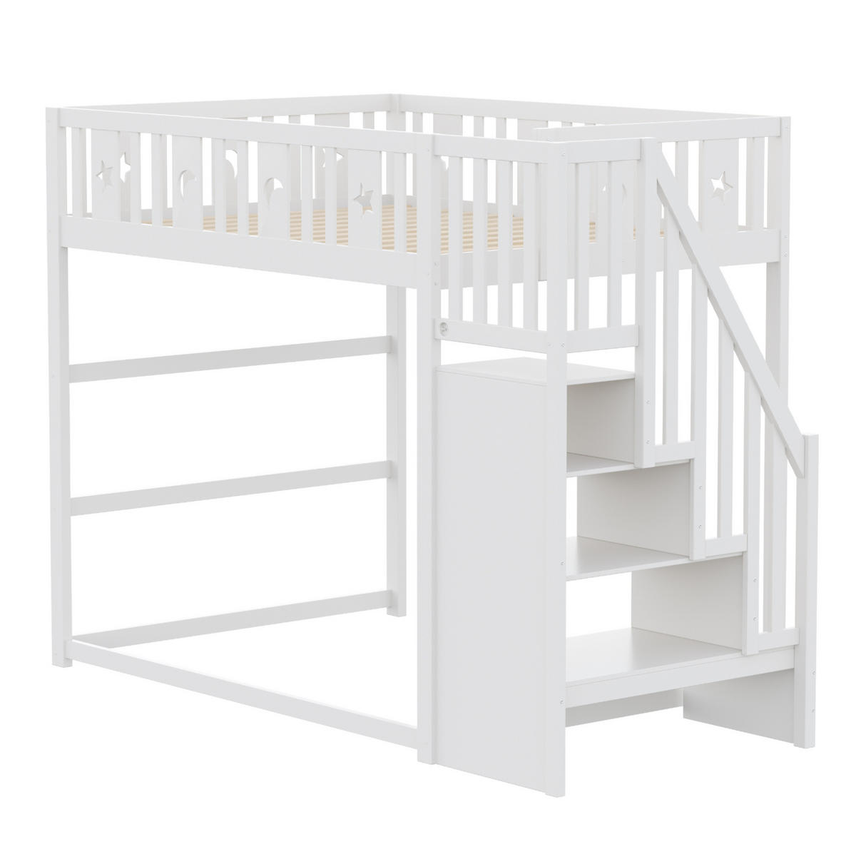 HOCHBETT 140x200 cm Weiß mit Treppe, Regal und Sofabereich, mit Stern- und Monddetails - Weiß, Holzwerkstoff (140/190cm) - Modfu