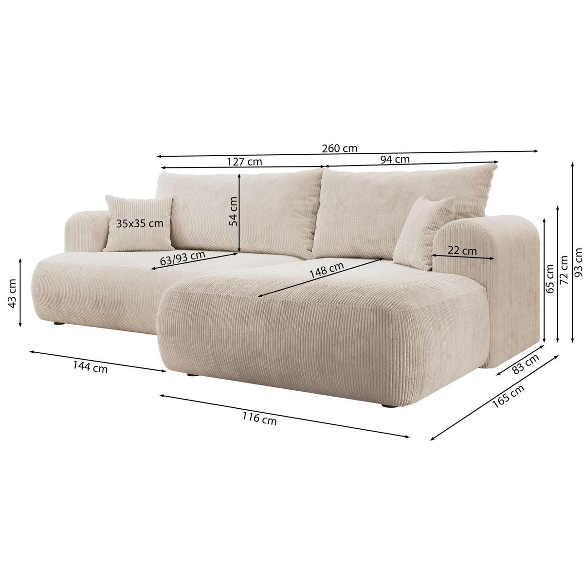 ECKSOFA Ovo Cord mit Cordbezug Dunkelgrau, rechts - Dunkelgrau/Schwarz, Textil (260/165cm) - Selsey