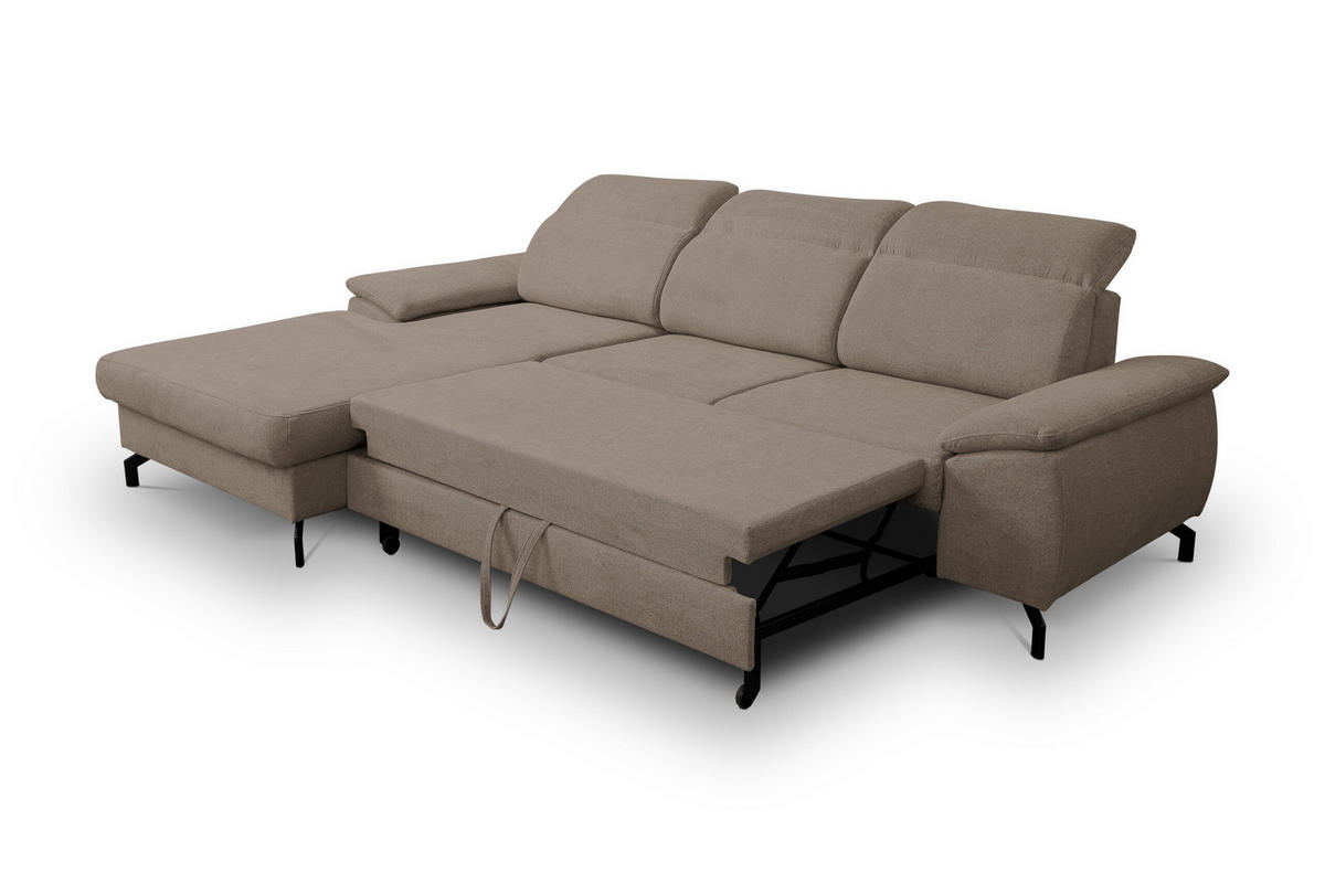 ECKSOFA MALIBU mit Schlaffunktion und Bettkasten, Farbe: Braun, Velourstoff, Ottomane Links - Braun, Textil (276/184cm) - VENASI MÖBEL