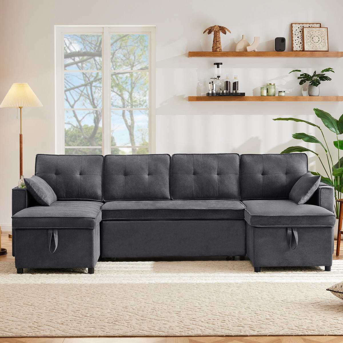 SCHLAFSOFA U-Form mit Getränkehalter und Stauraum - Grau, Textil (270/86/130cm)