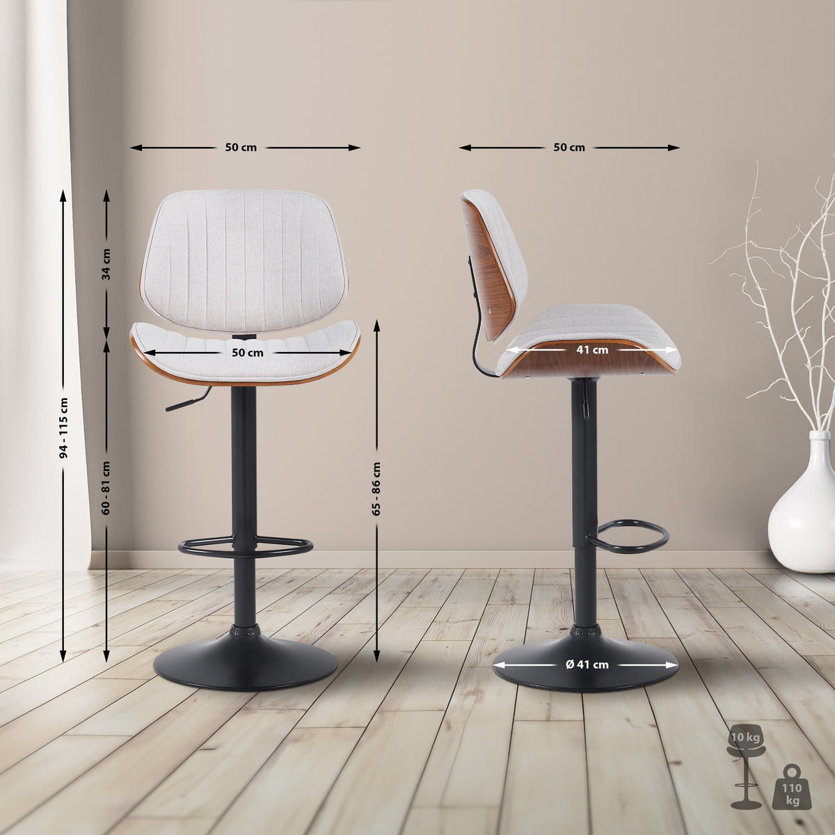 BARHOCKER Stoff walnuss/creme - Walnussfarben/Creme, Textil/Metall (50/94/50cm) - CLP