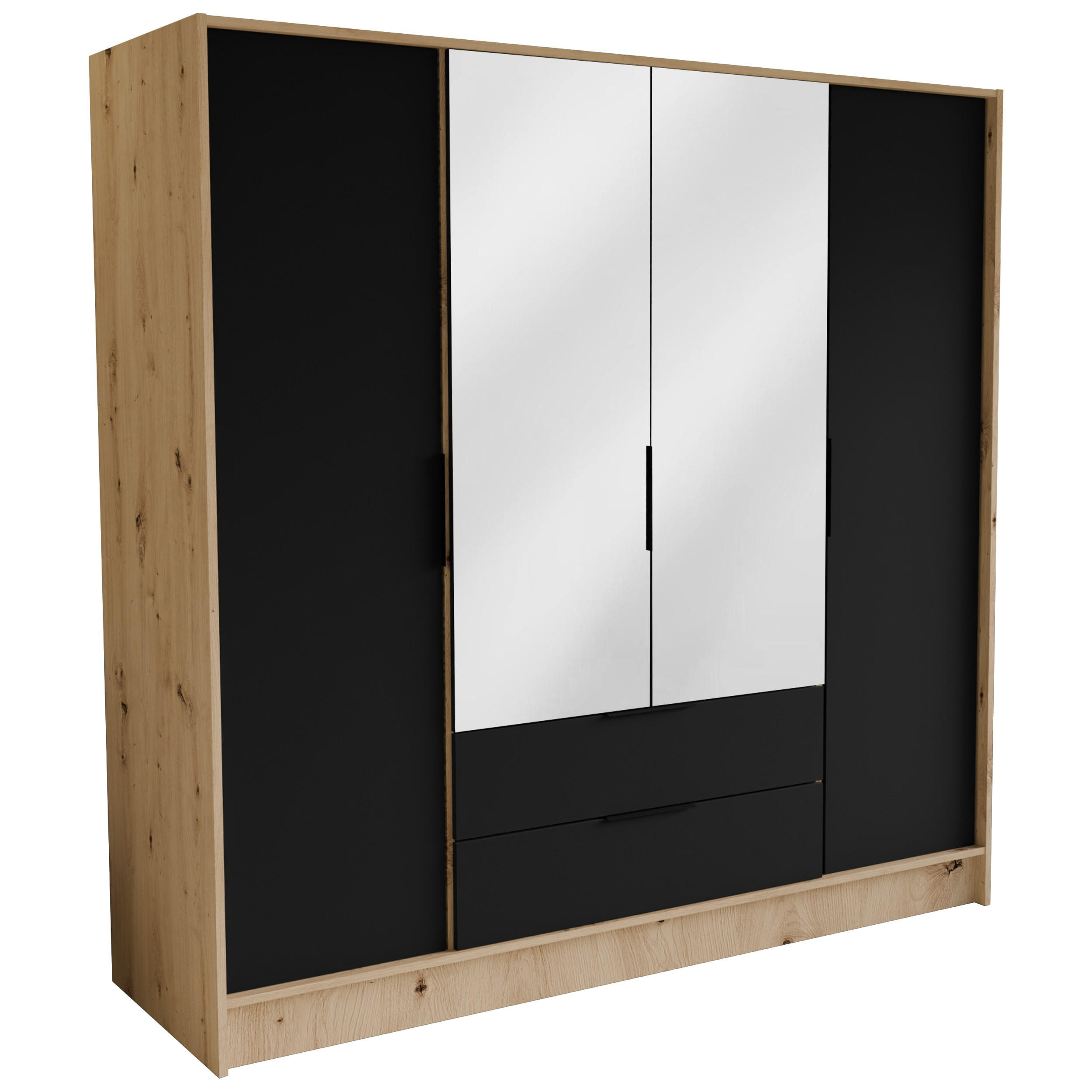 DREHTÜRENSCHRANK CAVA 200/200/51 cm Modern Kleiderschrank 4-türig mit Spiegel Eiche Artisan - Schwarz/Eiche Artisan, Holzwerkstoff (200/200/51cm) - MASSENO