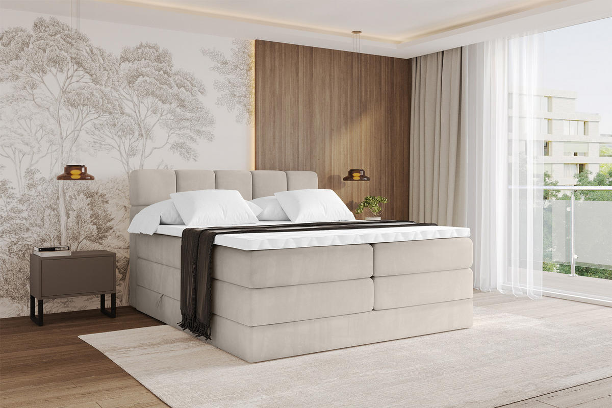 BOXBETT mit Matratze H3/H4 - FAMA KING - 160x200 cm Beige Casablanca - Beige, Holzwerkstoff (160/200cm) - ALTDECOR