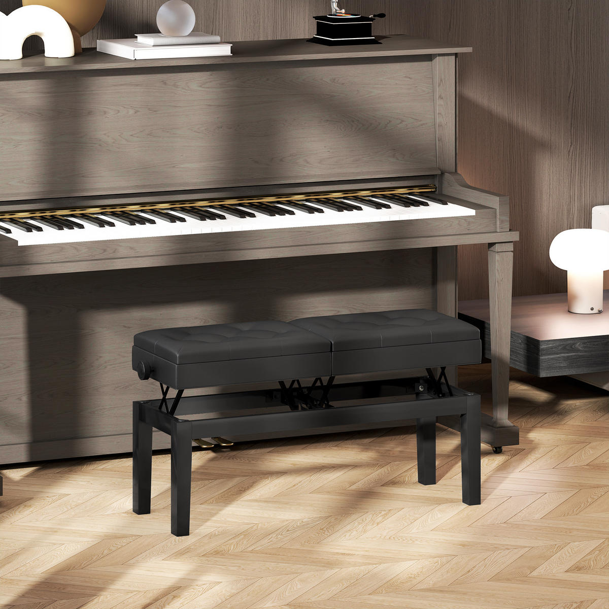 KLAVIERBANK DE-07143 verstellbarer Doppelsitz, Stauraum, bis 220 kg Schwarz - Schwarz, Holz (37/58/105cm) - ComfortXL