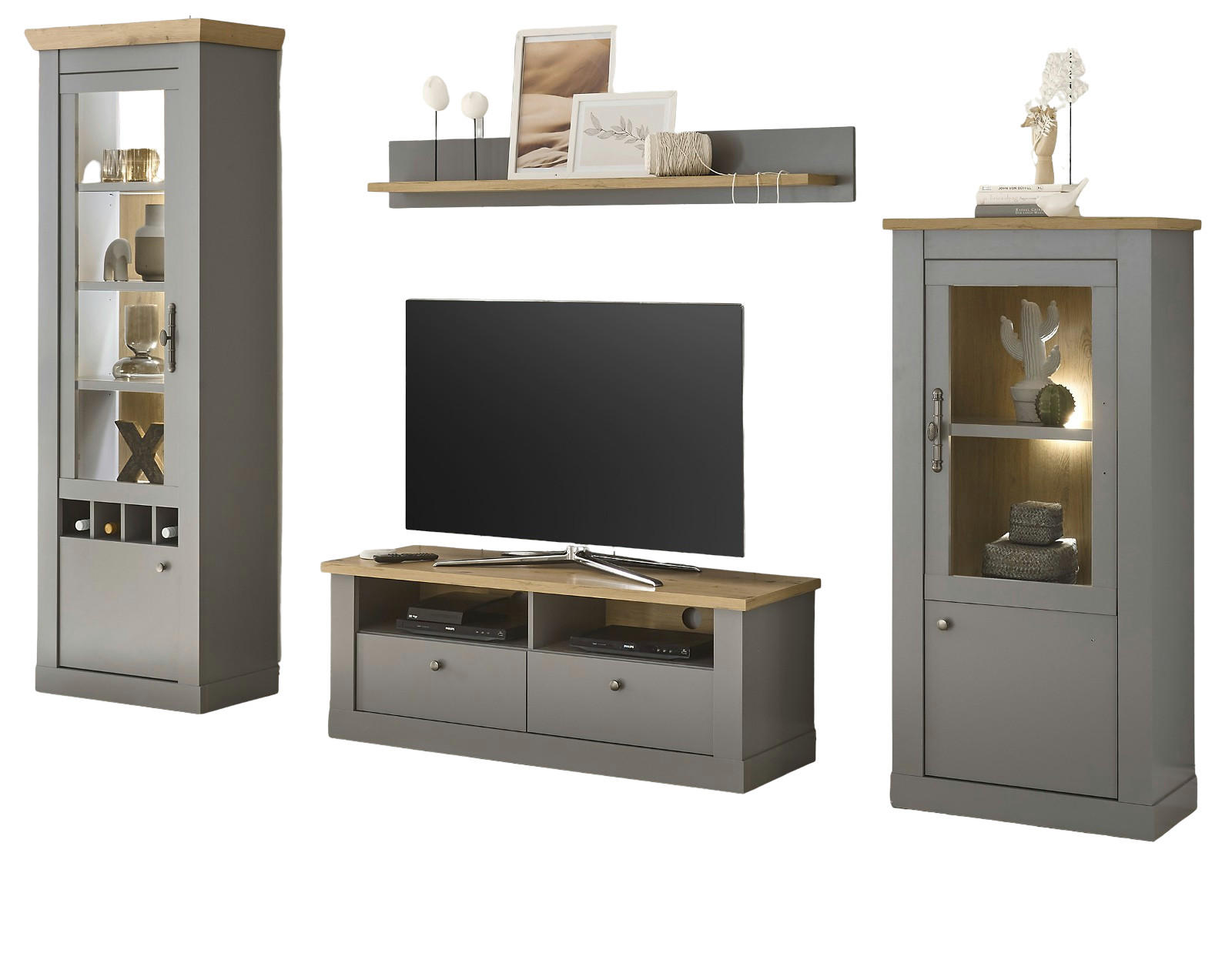 WOHNWAND grau, Artisan Eiche 4-teilig 291 cm, Wohnkombination im Landhaus-Stil - Silberfarben/Hellgrau, Glas/Holzwerkstoff (291/201/44cm) - Furn.Design