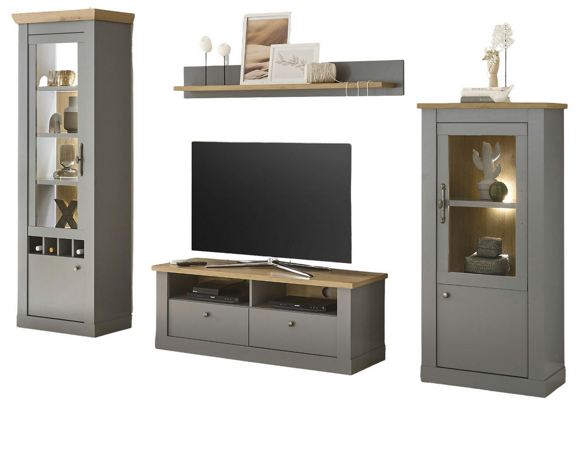 WOHNWAND grau, Artisan Eiche 4-teilig 291 cm, Wohnkombination im Landhaus-Stil - Silberfarben/Hellgrau, Glas/Holzwerkstoff (291/201/44cm) - Furn.Design