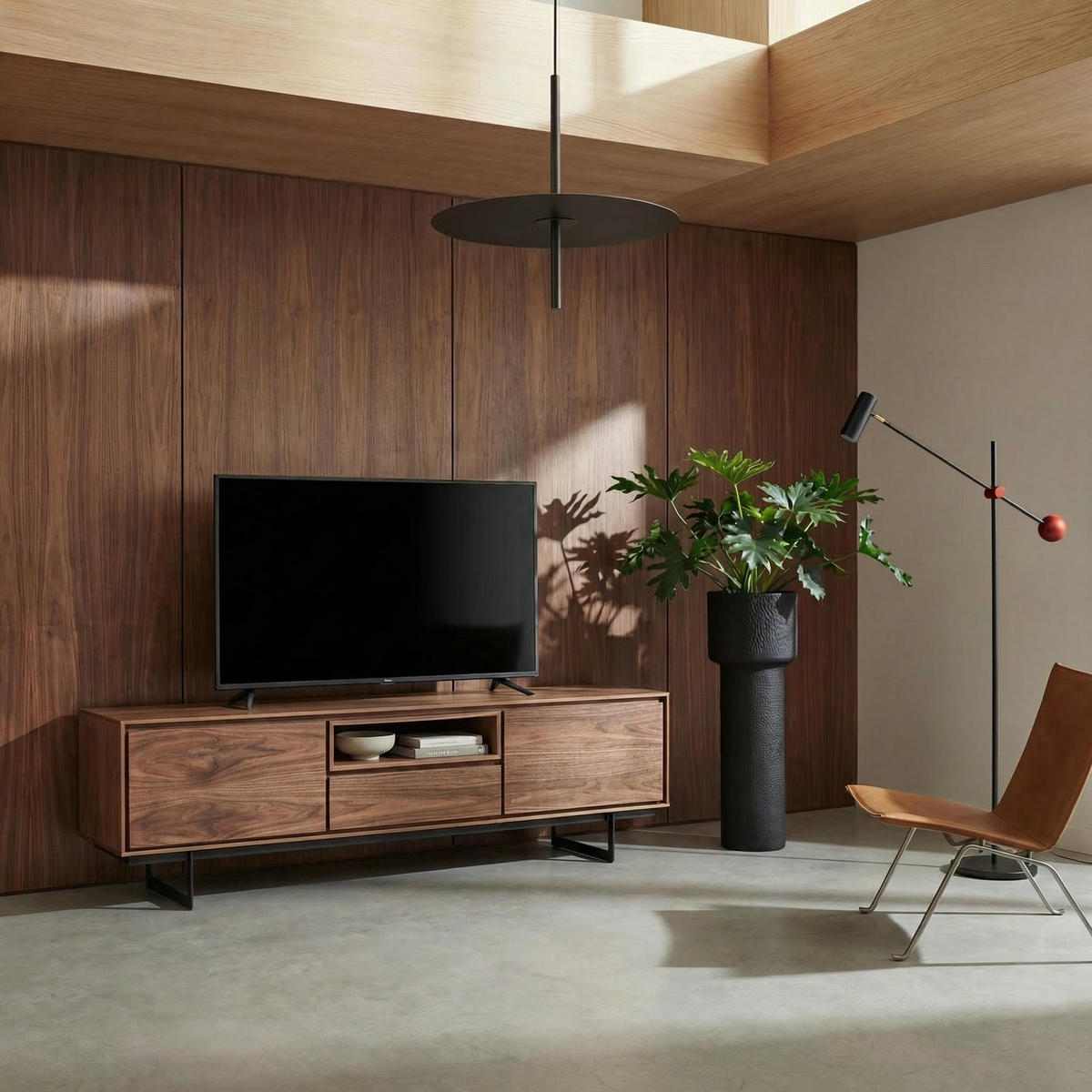 TV-ELEMENT Amerikanisches Walnussfurnier - Schwarz/Braun, Holz/Metall (160/50/45cm) - Furnhouse