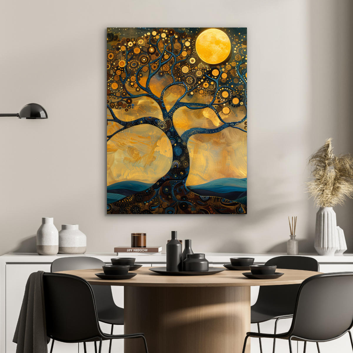 METALLBILD Baum - Mond - Blumen - Gold - Kunst 60x80 cm - Orange, Metall (60/80cm) - MuchoWow