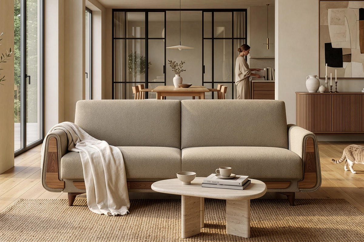 3-SITZER-SCHLAFSOFA GUSTAVO mit Armlehnen, hellbeige - Beige/Braun, Holz/Holzwerkstoff (230/98/98cm) - KONSIMO®