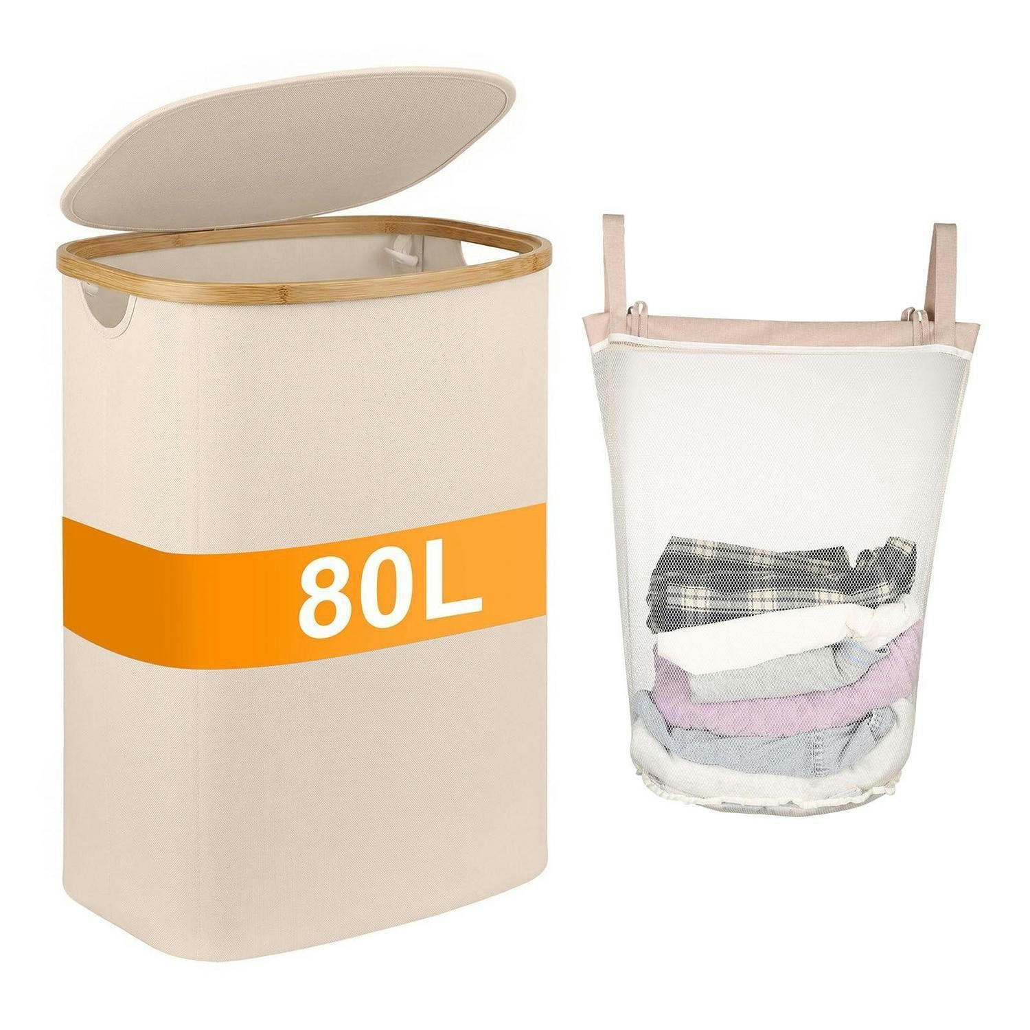 WÄSCHEKORB Bambus 80L mit Deckel und herausnehmbarem Beutel - Beige, Naturmaterialien (32/56/44cm)