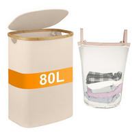 WÄSCHEKORB Bambus 80L mit Deckel und herausnehmbarem Beutel - Beige, Naturmaterialien (32/56/44cm)
