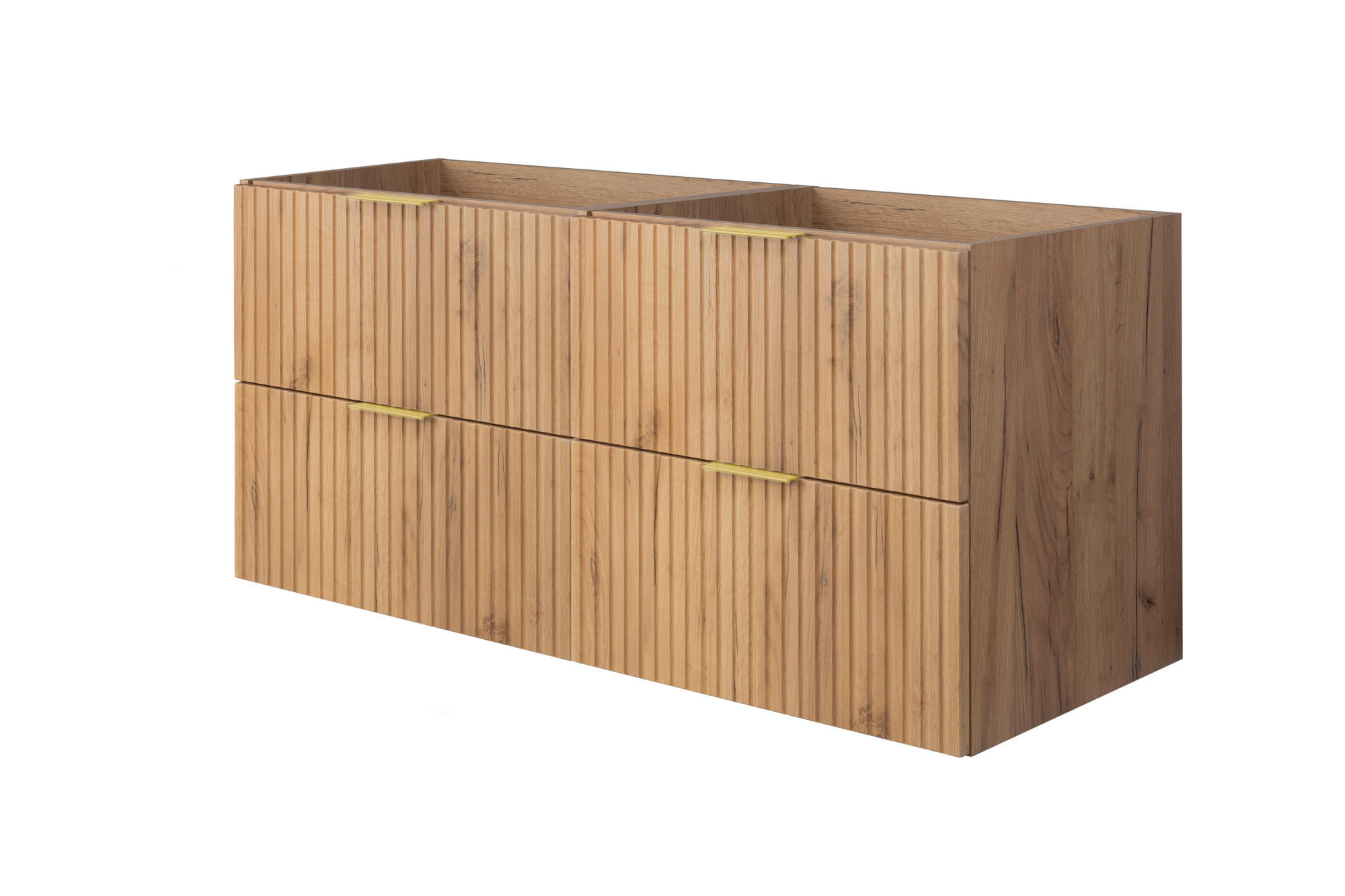 WASCHBECKUNTERSCHRANK, Eiche Craft, 120 (2 x 60) x 57 x 46 cm, Griff Gold, ohne Arbeitsplatte - Eichefarben/Goldfarben, Holzwerkstoff (120/57/46cm) - 3XE LIVING