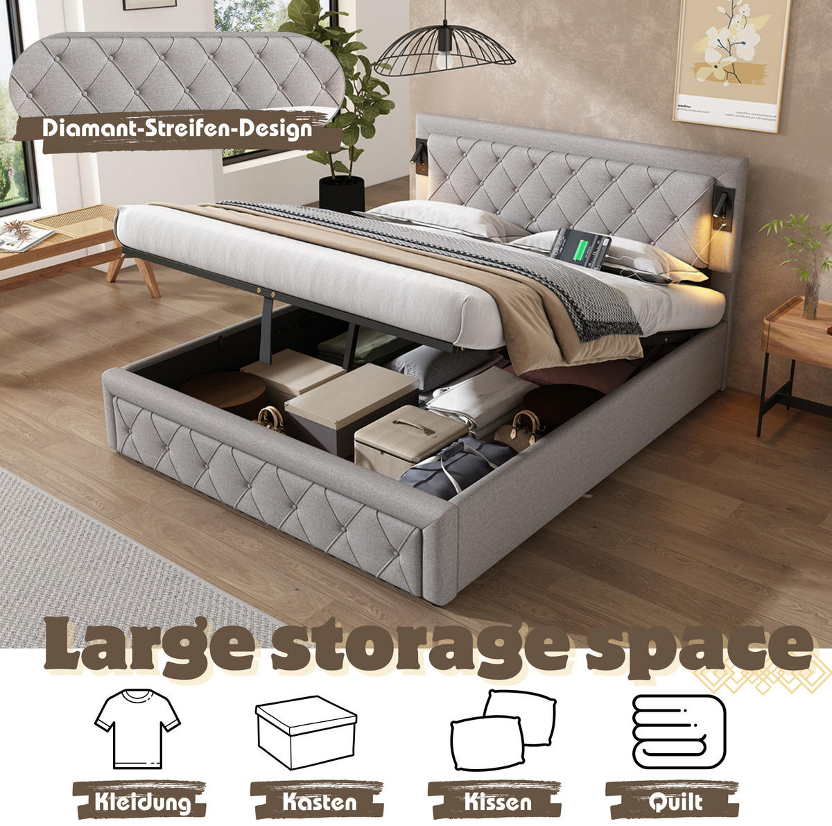 POLSTERBETT 160/200 cm mit Downlights, USB und hydraulischem Stauraum, Leinen, Grau - Grau, Textil (160/200cm) - Redom