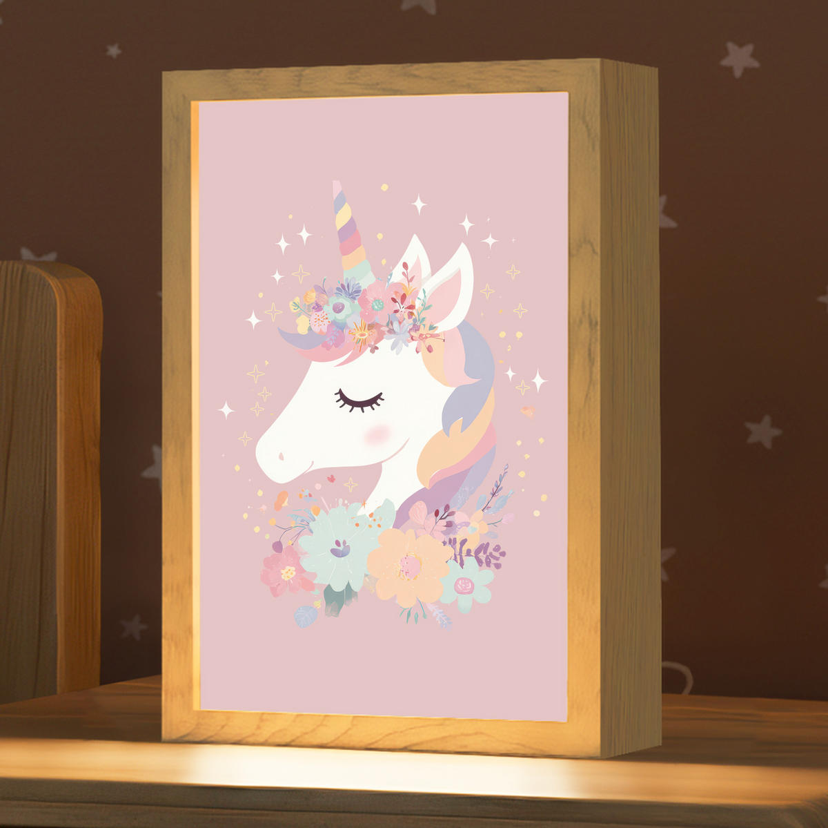 NACHTTISCHLAMPE Einhorn - Rosa - Blumen 20x30 cm - Rosa, Holzwerkstoff (8/20/30cm)