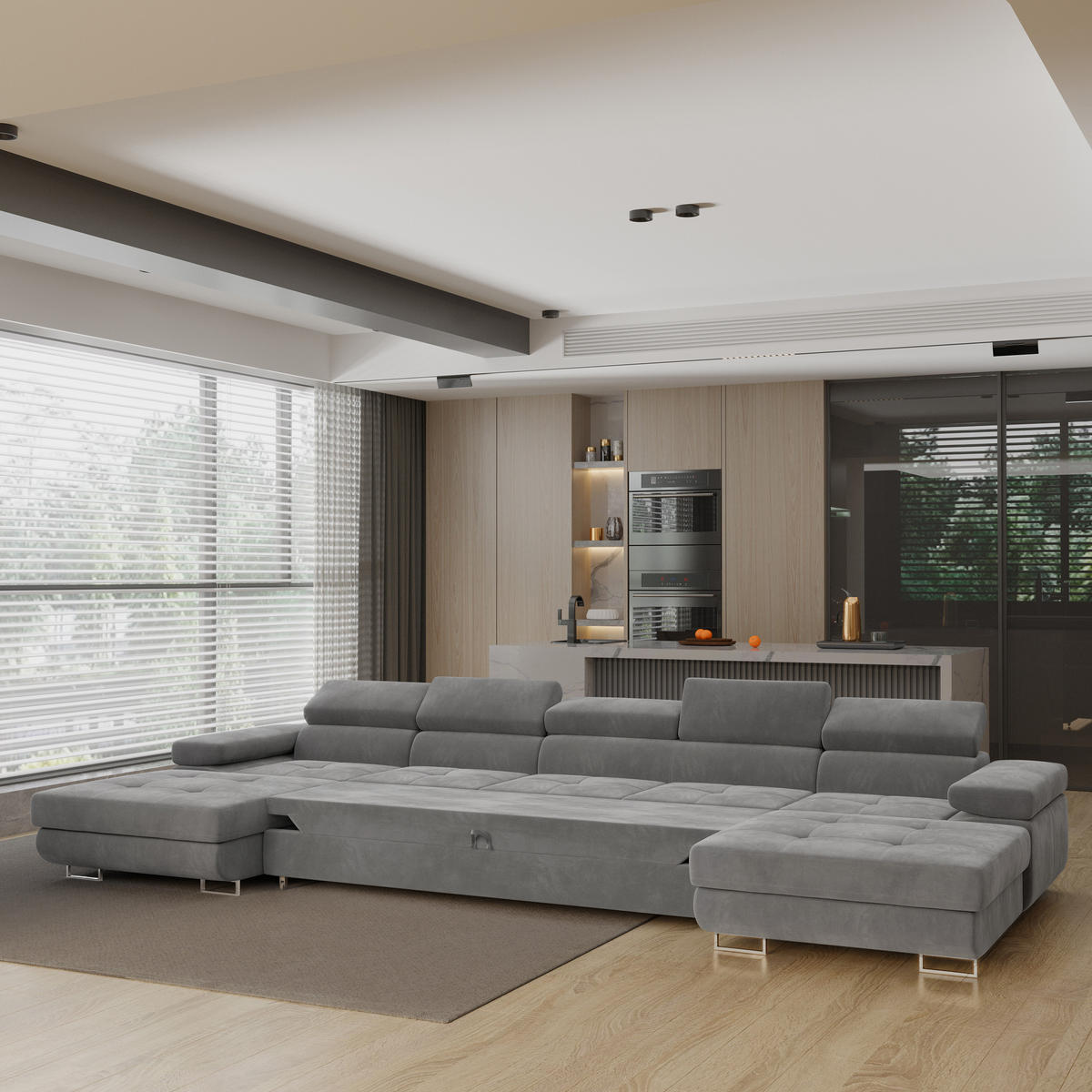 WOHNLANDSCHAFT OMBRA Grau Velours-Stoff mit Schlaffunktion - Grau, Holz (425/90/202cm) - MASSENO